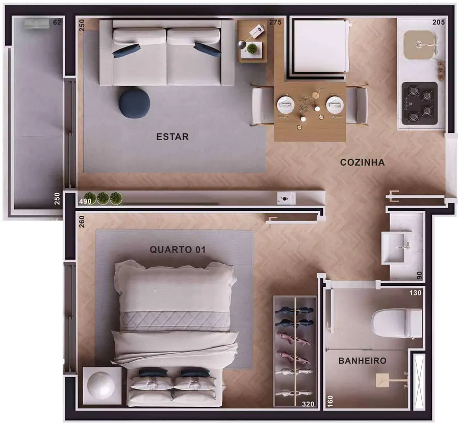 Planta em 3D — 1 quarto · 30,79 m²
