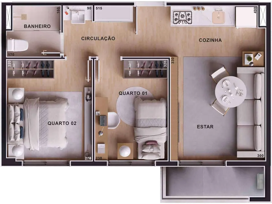 Planta em 3D — 2 quartos · 46,74 m²