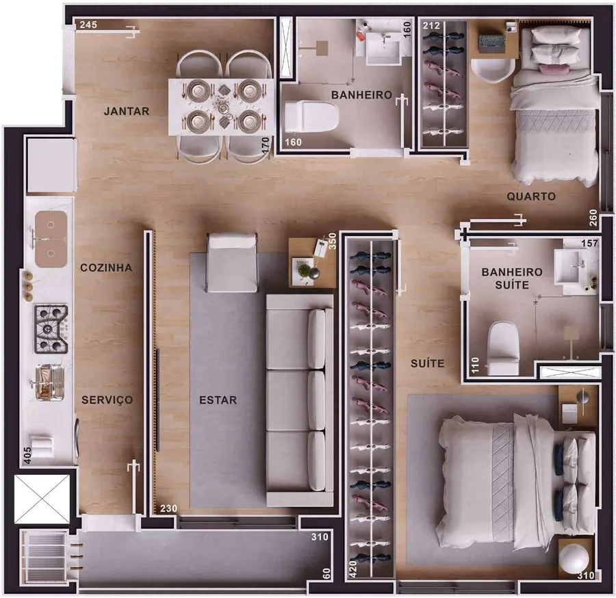 Planta em 3D — 2 quartos com suíte · 52,52 m²